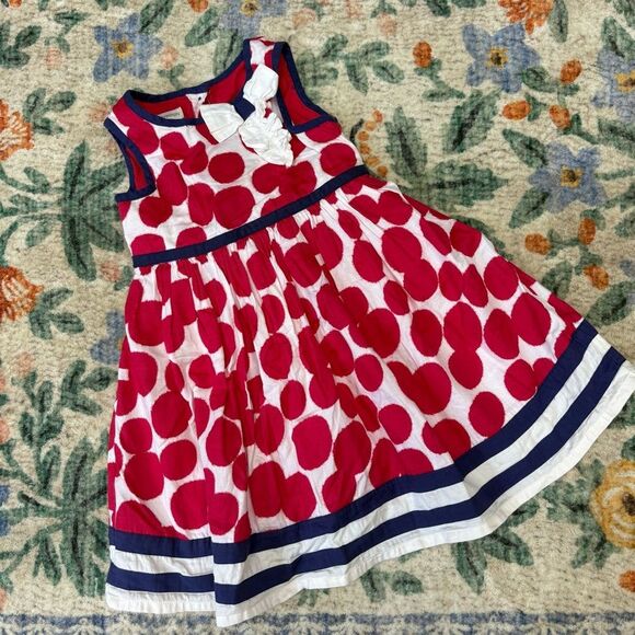 Monsoon Elegant Dress Girls Red Blue Polkadot Bow Nautical 12-18 months - Picture 1 of 5